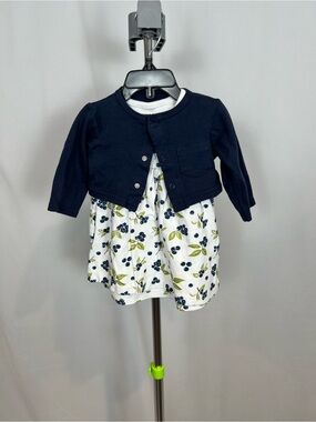 Navy Cardigan & White Blue Berry Print Baby Dress 6-9 months 100% Cotton